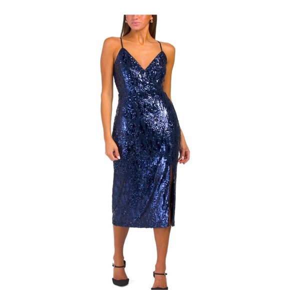 NWT Ramy Brook Leanne Midi Navy Sequin Event Side Slit Dress Size 8 - Picture 1 of 6